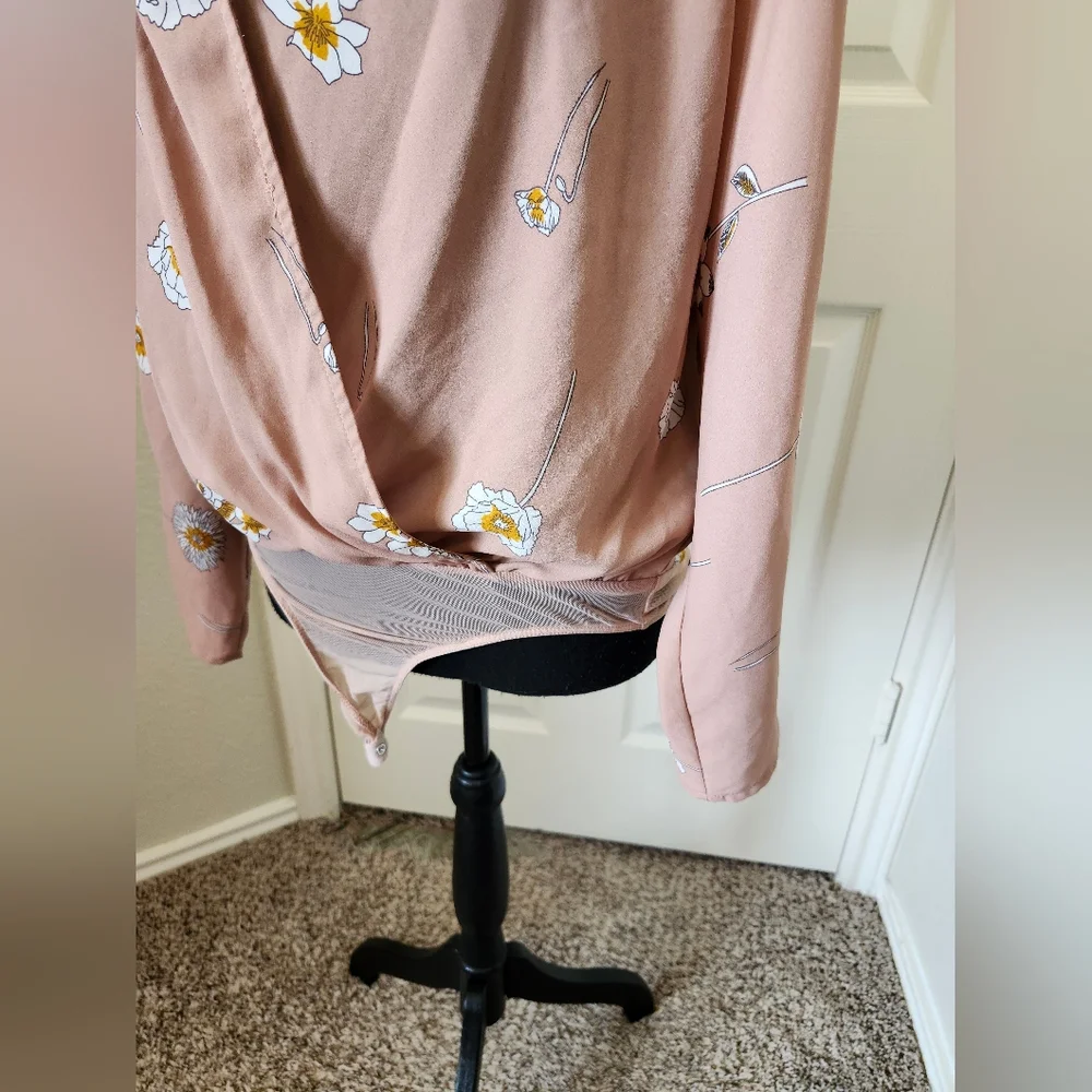 Astr Blush Floral Wrap Bodysuit Long Sleeve S